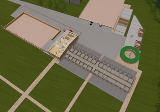 Masterplan-Ansicht des geplanten Reitsportzentrums mit Stallungen, Reithalle und Aussenplatz